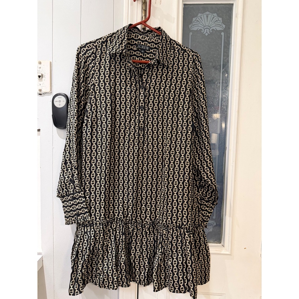 J.Crew Black Cream Chain Link Print Ruffle Hem Viscose Shirt Dress Small